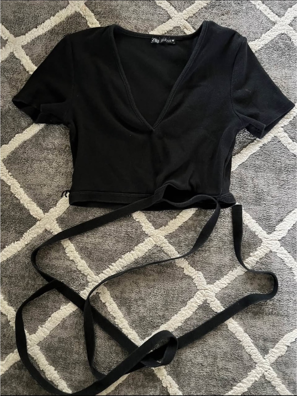 Zara Black V-Neck Wrap Tie Crop Top